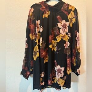 DR2 Black Floral Smocked Long Sleeve Blouse - 2X